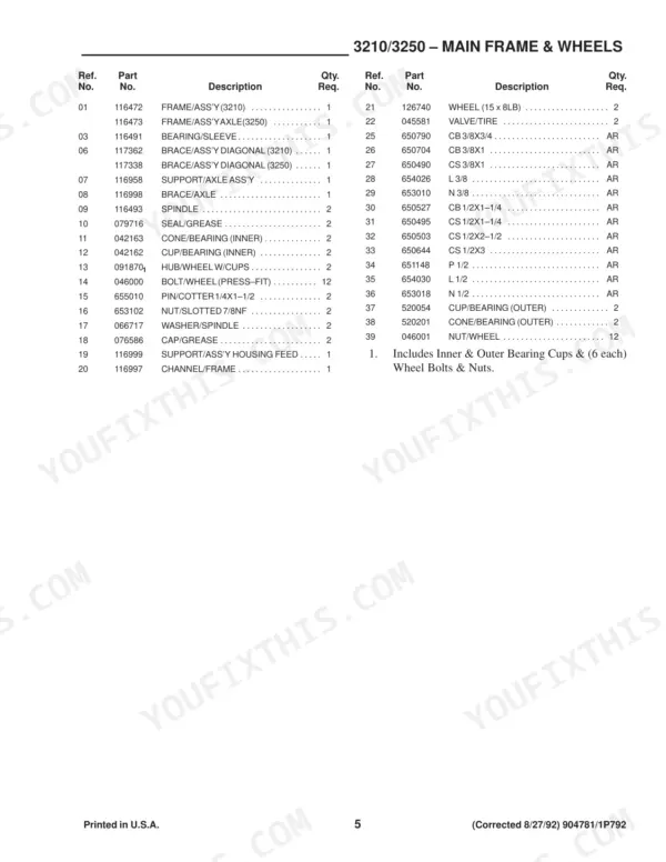 Gehl 3210, 3250 parts list for main frame and wheels, including axle, spindle, bearing, and wheel hardware components.
