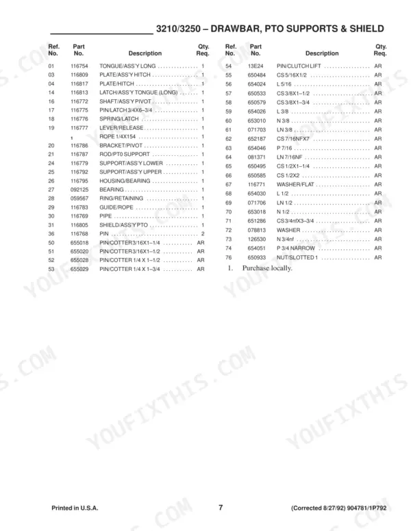 Gehl 3210, 3250 parts list for drawbar, PTO supports, and shield components with reference numbers and descriptions.