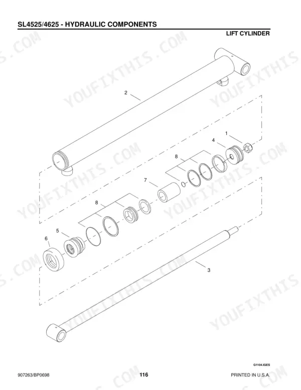 gehl-4525-4625-skid-loader-parts-catalog-907263-hydraulic-parts-118.webp Gehl 4525, 4625, SL4525, SL4625, 4625SX, 4625DX exploded view diagram of hydraulic lift cylinder components and seals.