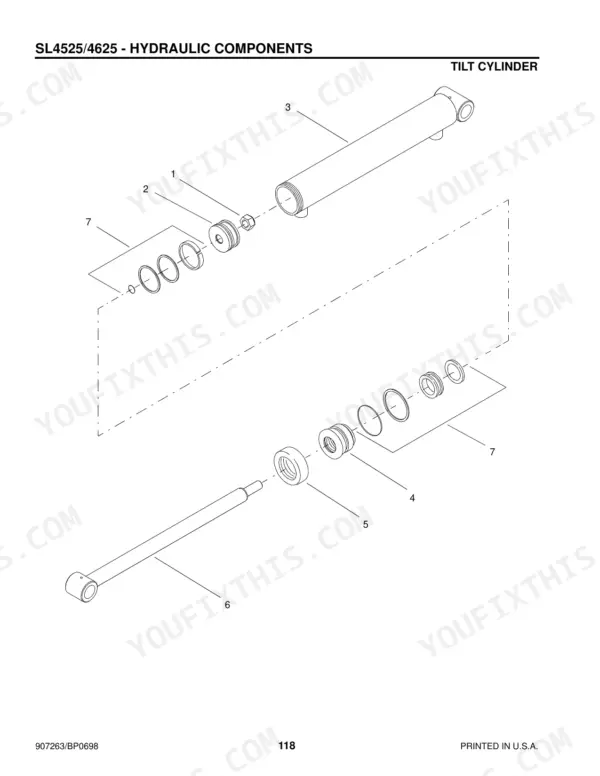 Gehl 4525, 4625, SL4525, SL4625, 4625SX, 4625DX exploded view diagram of the hydraulic tilt cylinder components.