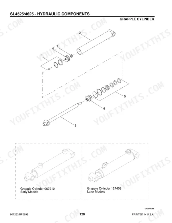 Gehl 4525, 4625, SL4525, SL4625, 4625SX, 4625DX exploded view diagram of the hydraulic grapple cylinder components.