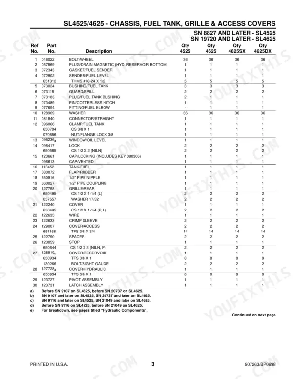 Gehl 4525, 4625, SL4525, SL4625, 4625SX, 4625DX parts list for chassis, fuel tank, grille, and access covers components.