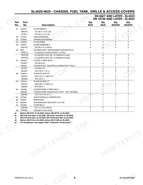 Gehl 4525, 4625, SL4525, SL4625, 4625SX, 4625DX parts list for chassis, fuel tank, grille, and access covers with reference numbers.