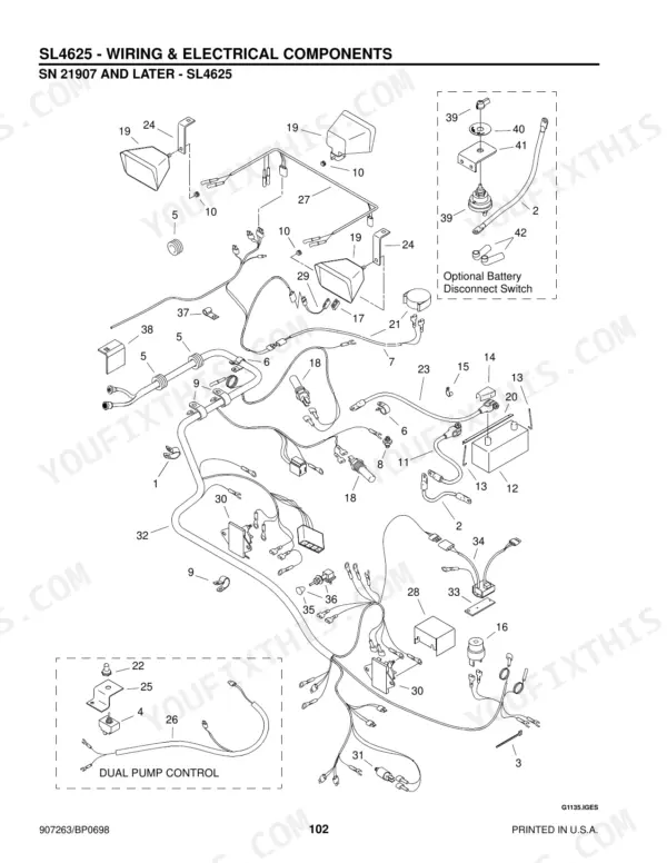 Gehl 4525, 4625, SL4525, SL4625, 4625SX, 4625DX wiring and electrical components exploded view for serials SN 21907 and later, with battery and dual pump control.