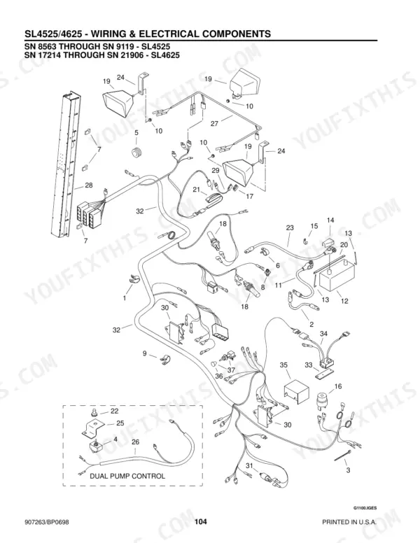 Gehl 4525, 4625, SL4525, SL4625, 4625SX, 4625DX wiring and electrical components exploded view for early serials, SN 8563 through 9119.