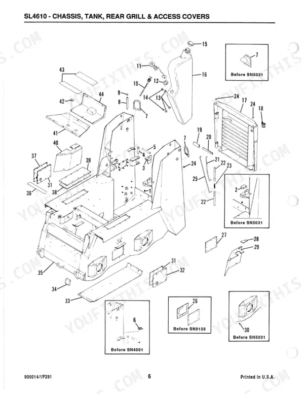 Gehl 4610, SL4610, SL4510 exploded view of chassis, fuel tank, rear grill, and access covers with numbered parts list.
