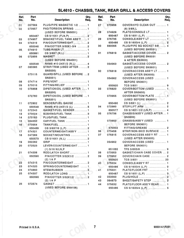 Gehl 4610, SL4610, SL4510 parts list for chassis, fuel tank, rear grill, and access covers with reference numbers.