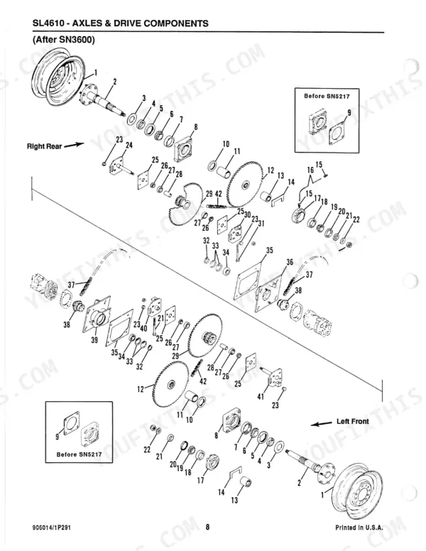 Gehl 4610, SL4610, SL4510 exploded view diagram of axles and drive components, including sprockets, bearings, and seals.