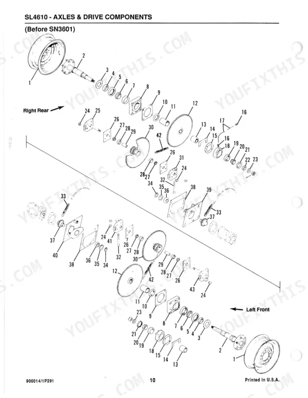 Gehl 4610, SL4610, SL4510 exploded view of axles and drive components for units before serial number 3601.