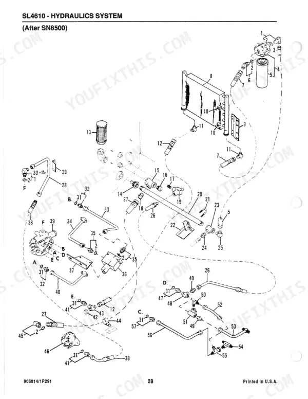 gehl-4610-skid-loader-parts-catalog-906014-hydraulic-parts-30.webp Gehl 4610, SL4610, SL4510 exploded view of hydraulic system components, oil cooler, lines, and fittings after SN8500.