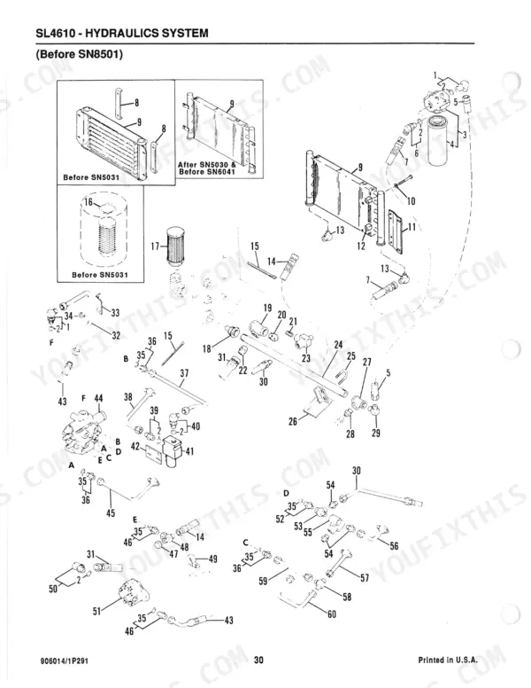 Gehl 4610, SL4610, SL4510 hydraulic system exploded view showing oil cooler, filter, and hydraulic lines before SN8501.