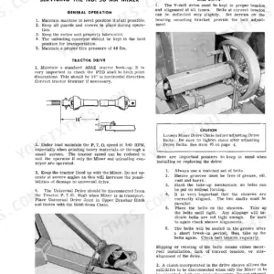 Gehl 50 MX Mix-All Feedmaker operating instructions for tractor drive, PTO shaft, and mill drive belt adjustment procedures.