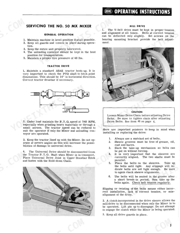 gehl-50-mx-mix-all-feedmaker-service-manual-1843k-operations-3.webp Gehl 50 MX Mix-All Feedmaker operating instructions for tractor drive, PTO shaft, and mill drive belt adjustment procedures.