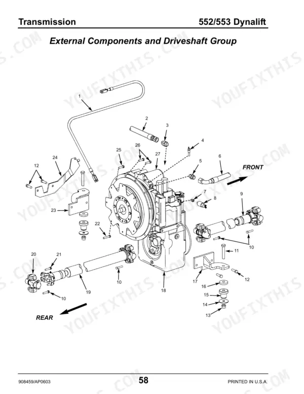 Gehl 552, 553, Dynalift transmission external components and driveshaft group exploded view diagram with numbered parts.