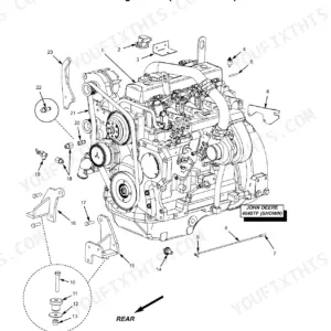 Gehl 552, 553, Dynalift exploded view of John Deere 4045TF external engine components and mounting brackets.