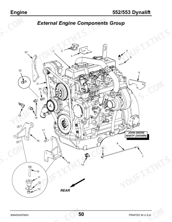 gehl-552-553-telescopic-boom-forklift-parts-catalog-908459-engine-parts-52.webp Gehl 552, 553, Dynalift exploded view of John Deere 4045TF external engine components and mounting brackets.