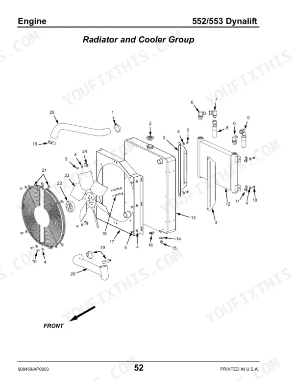 Gehl 552, 553, Dynalift exploded view diagram of the radiator and cooler group assembly with numbered components.