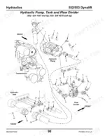 gehl-552-553-telescopic-boom-forklift-parts-catalog-908459-hydraulic-parts-100.webp Gehl 552, 553, Dynalift exploded view of hydraulic pump, tank, and flow divider components with numbered parts list.