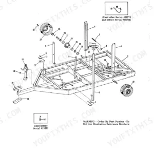 Gehl 65MX exploded view diagram of the frame assembly, including wheel hubs, support stands, and trailer hitch components.