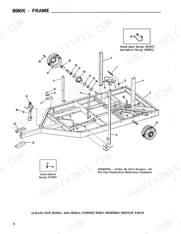 gehl-65mx-mix-all-feedmaker-parts-catalog-903517-chassis-parts-4.webp Gehl 65MX exploded view diagram of the frame assembly, including wheel hubs, support stands, and trailer hitch components.