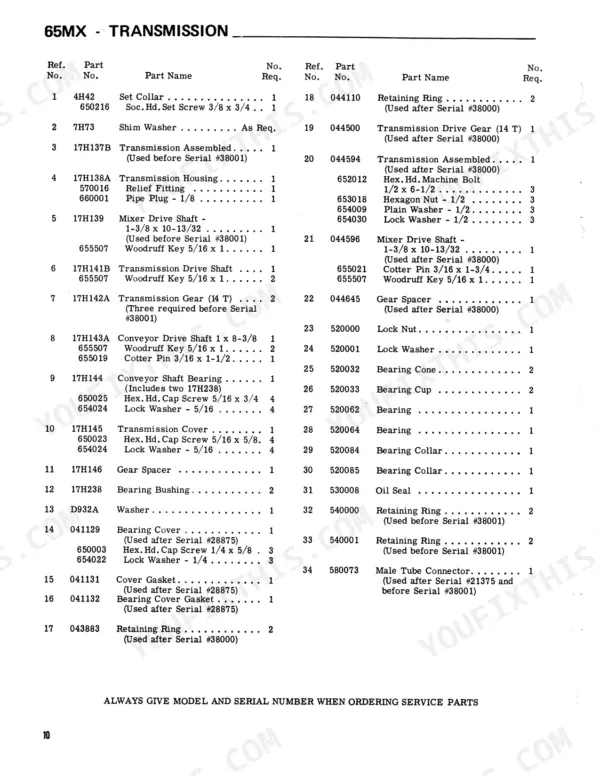 Gehl 65MX transmission parts list table showing reference numbers, part names, and quantities for shafts, gears, and bearings.