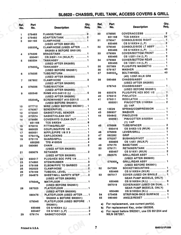 Gehl 6620, SL6620 parts list for chassis, fuel tank, access covers, and grill components with reference numbers.