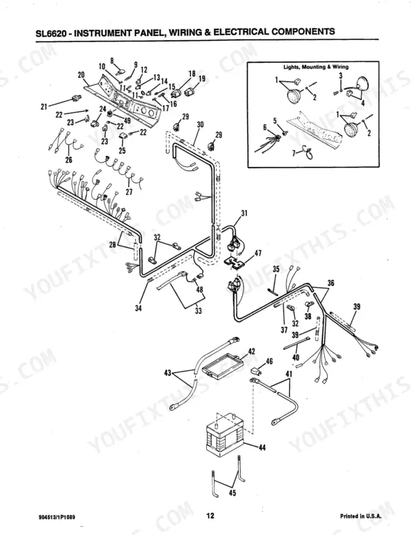 Gehl 6620, SL6620 instrument panel, wiring harness, electrical components, and light mounting exploded view diagram.