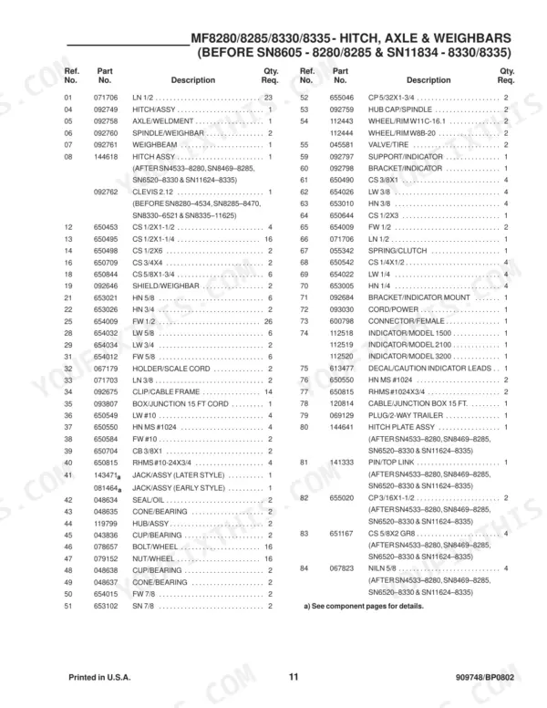 Gehl 8280, 8285, 8330, 8335 parts list for hitch, axle, and weighbar components including reference numbers and descriptions.