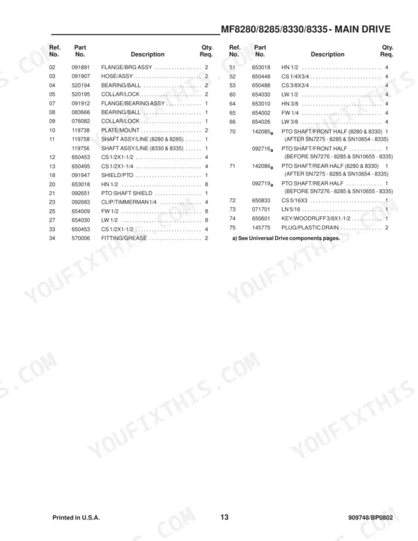 Gehl 8280, 8285, 8330, 8335 parts list for main drive system, including PTO shafts, bearings, and hardware reference numbers.