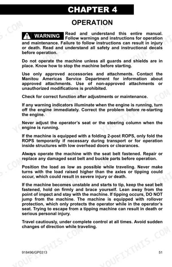 Gehl AL 140–540 Series Chapter 4 operation safety warnings and machine guidelines.