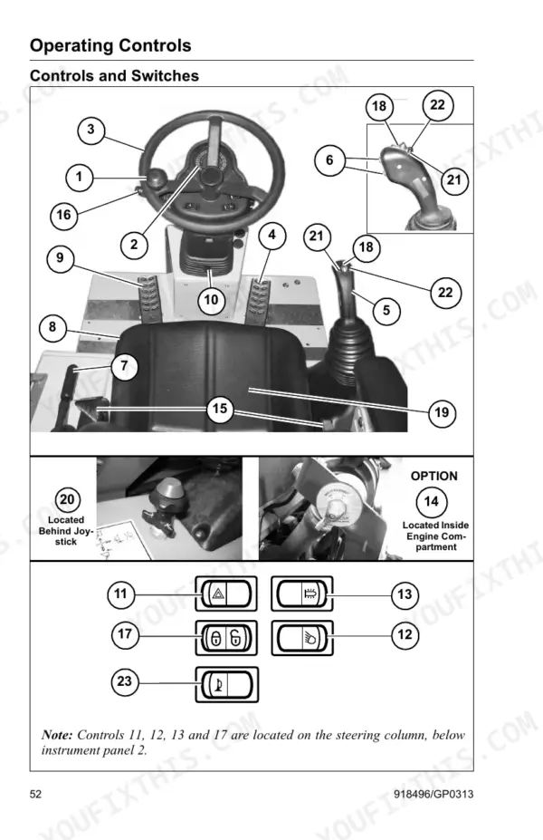 gehl-al-140-variants-articulated-loaders-operator-manual-918496-operations-60.webp Gehl AL 140–540 Series operating controls diagram showing steering wheel and joystick.