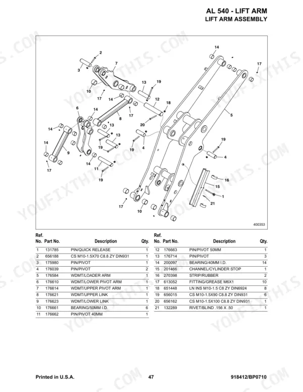 Gehl AL 540 lift arm assembly exploded view diagram with parts list including pins, bearings, and pivot arms.