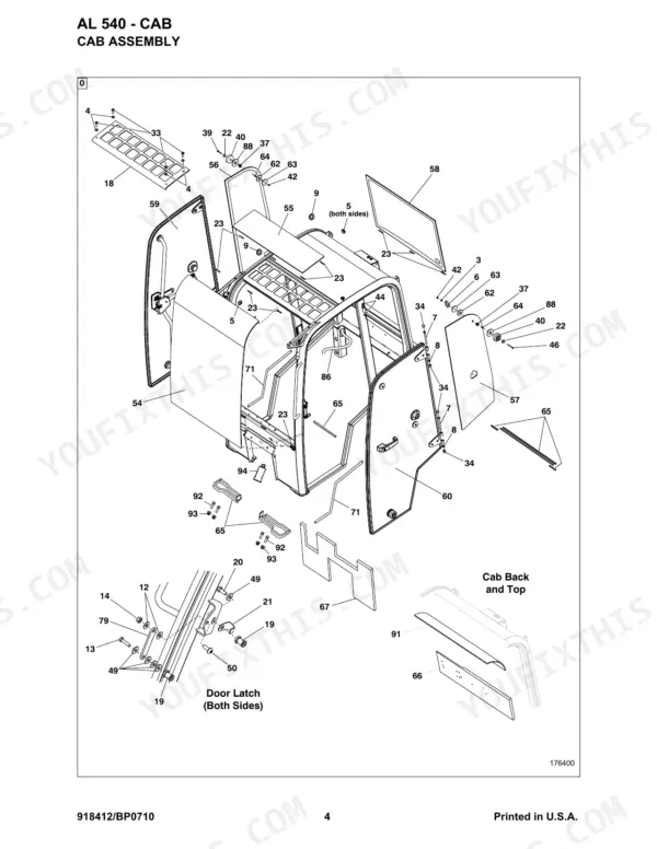 Gehl AL 540 exploded view of cab assembly, including doors, glass, latch components, and interior panels.