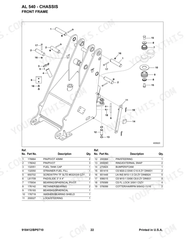 Gehl AL 540 exploded view of front frame chassis components, pins, bearings, and steering lock parts list.
