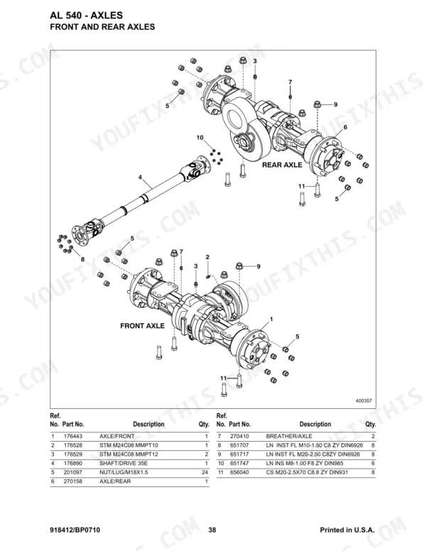 Gehl AL 540 exploded view diagram of front and rear axles, drive shaft, and associated hardware with parts list table.