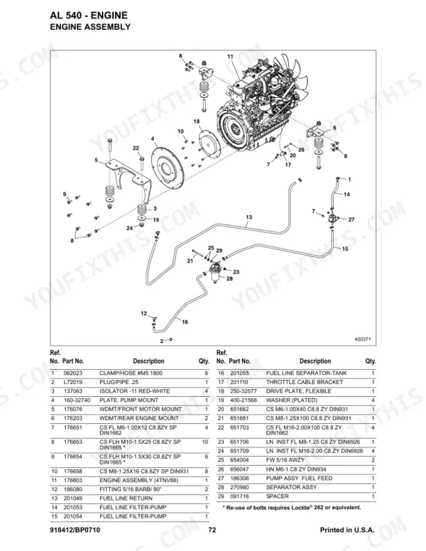gehl-al-540-articulated-loader-parts-manual-918412-engine-parts-76.webp Gehl AL 540 engine assembly exploded view showing motor mounts, fuel lines, and separator parts list with reference numbers.