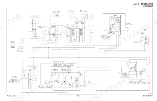 Gehl AL 540 hydraulic schematic showing hydrostatic pump, motor, lift/tilt control valve, and steering control unit.
