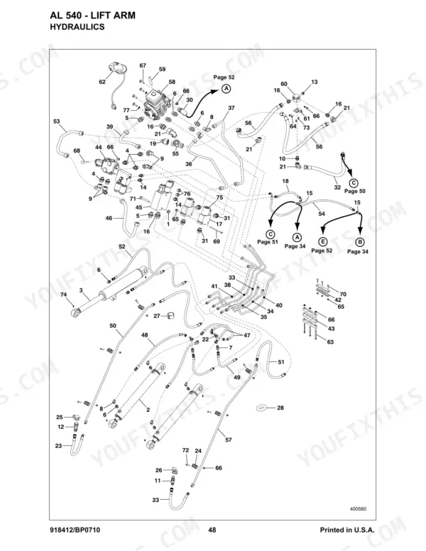 Gehl AL 540 lift arm hydraulics exploded view diagram showing hoses, cylinders, valves, and numbered component parts.