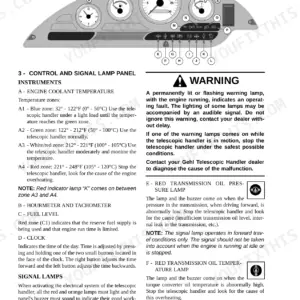 Gehl CT7-23 Turbo control and signal lamp panel diagram, instrument gauges, and warning light descriptions.
