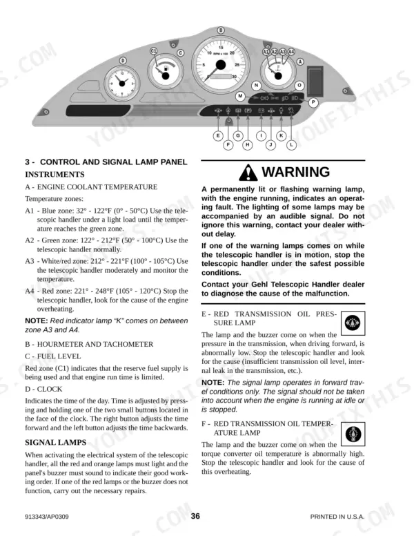 gehl-ct7-23-turbo-telescopic-handler-operator-manual-913343-controls-38.webp Gehl CT7-23 Turbo control and signal lamp panel diagram, instrument gauges, and warning light descriptions.