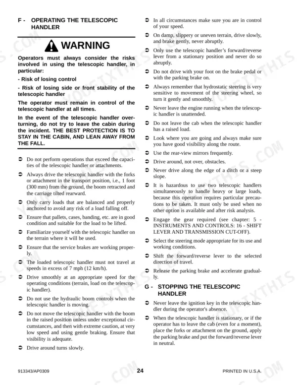 Gehl CT7-23 Turbo operator manual page detailing safety procedures for operating and stopping the telescopic handler.