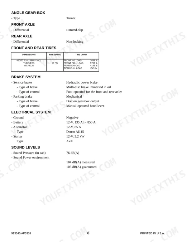 Gehl CT7-23 Turbo technical specifications for axles, tires, brake system, electrical system, and sound levels.