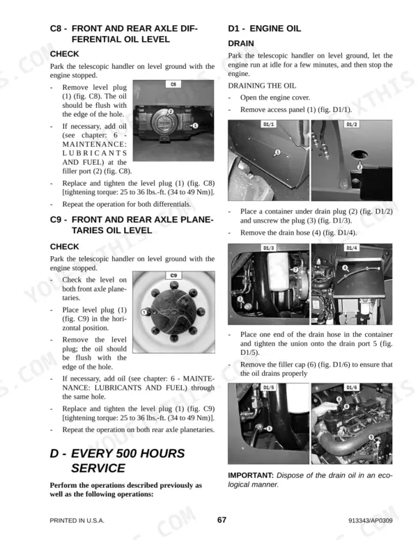 Gehl CT7-23 Turbo service manual: axle differential oil level check and engine oil drain procedures with component diagrams.