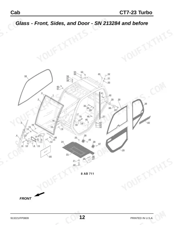 Gehl CT7-23 Turbo exploded view of cab glass, front, sides, and door components for SN 213284 and before.