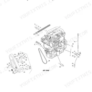 Gehl CT7-23 Turbo engine external components exploded view diagram showing belt, dipstick, and housing assembly parts.