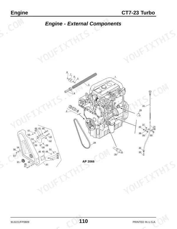 gehl-ct7-23-turbo-telescopic-handler-parts-catalog-913221-engine-parts-112.webp Gehl CT7-23 Turbo engine external components exploded view diagram showing belt, dipstick, and housing assembly parts.