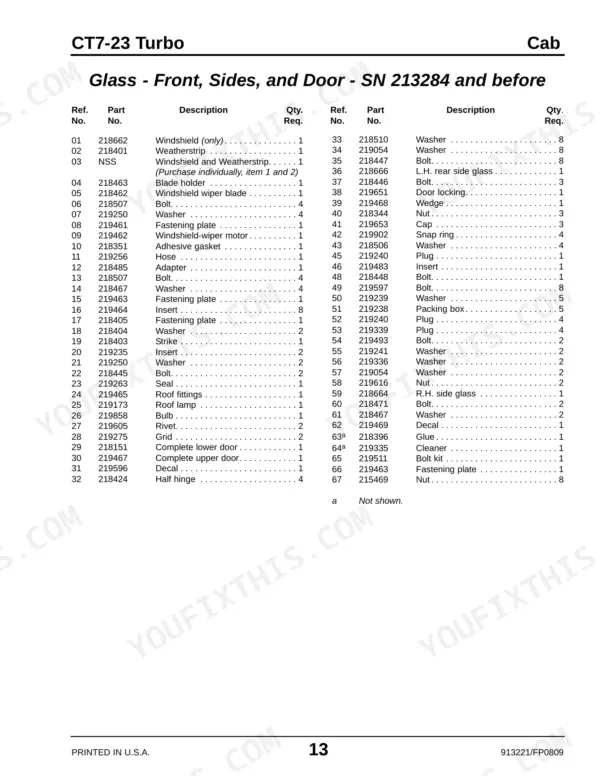 Gehl CT7-23 Turbo parts list for cab glass, windshield, and door components for serial numbers 213284 and before.