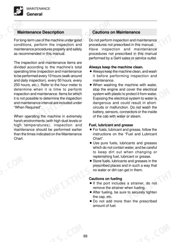 Gehl CTL60, CTL70, CTL80 maintenance manual page covering general maintenance descriptions, cleaning, and fueling cautions.