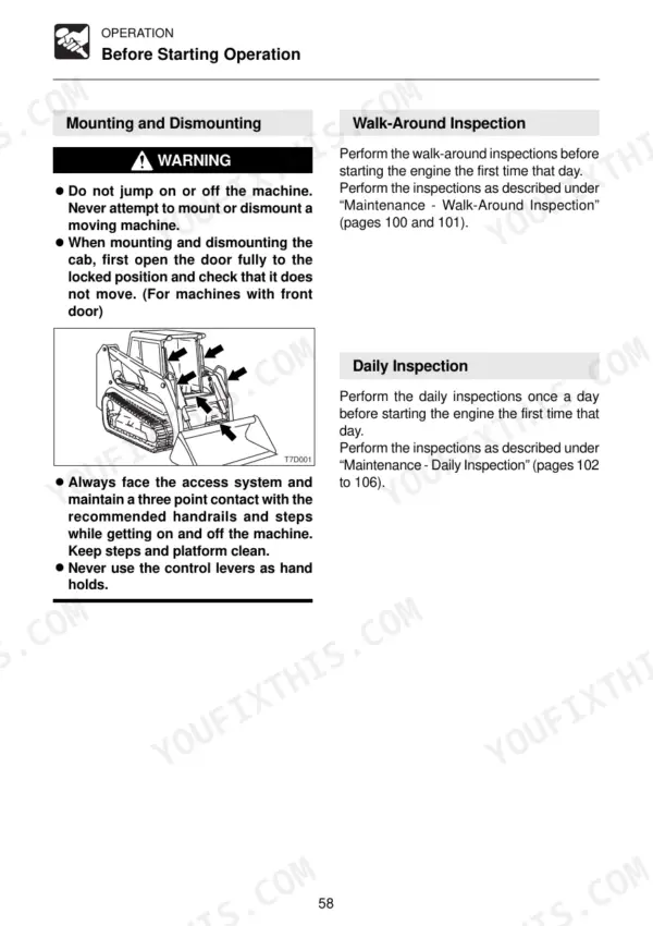 Gehl CTL60, CTL70, CTL80 operation manual page showing mounting, dismounting, and inspection safety procedures.