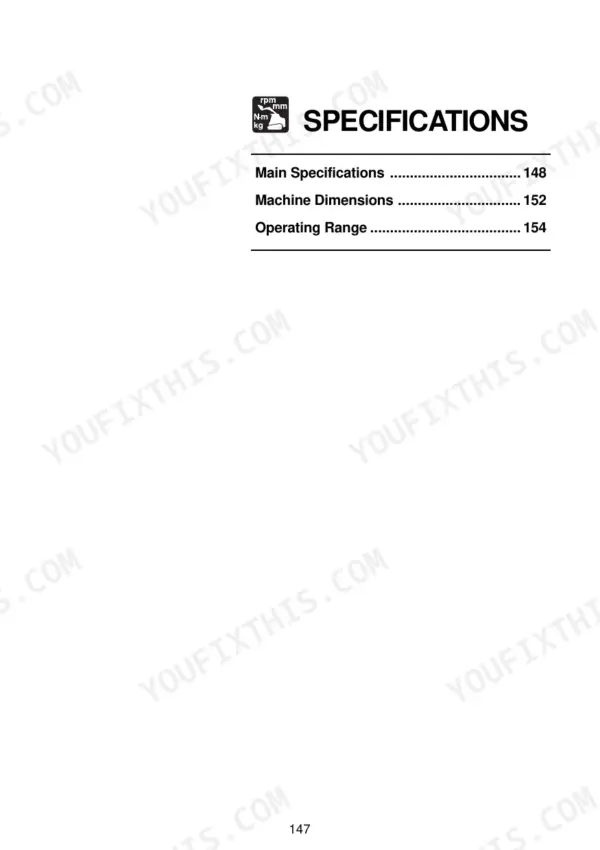 Gehl CTL60, CTL70, CTL80 specifications section table of contents listing main specs, dimensions, and operating range.